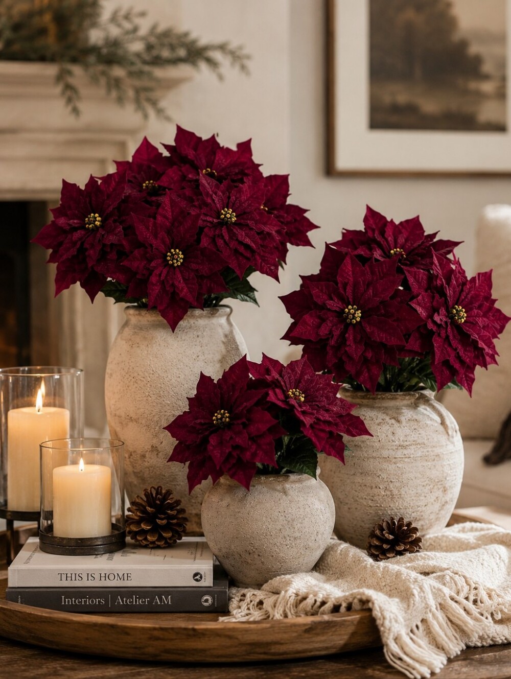 Ashland Burgundy Poinsettia Artificial Flower Bush Christmas Decor Set of 3 - Picture 4 of 10